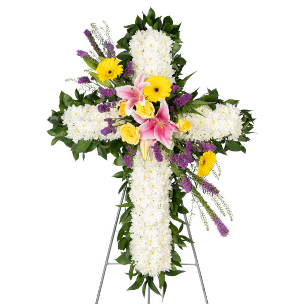God's Embrace condolence flower stand by farmflorist