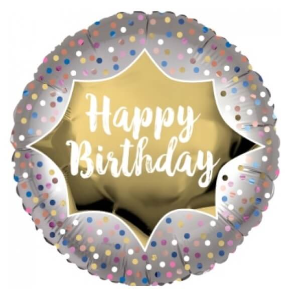Happy Birthday Confetti Dots Silver Round Shaped Balloon